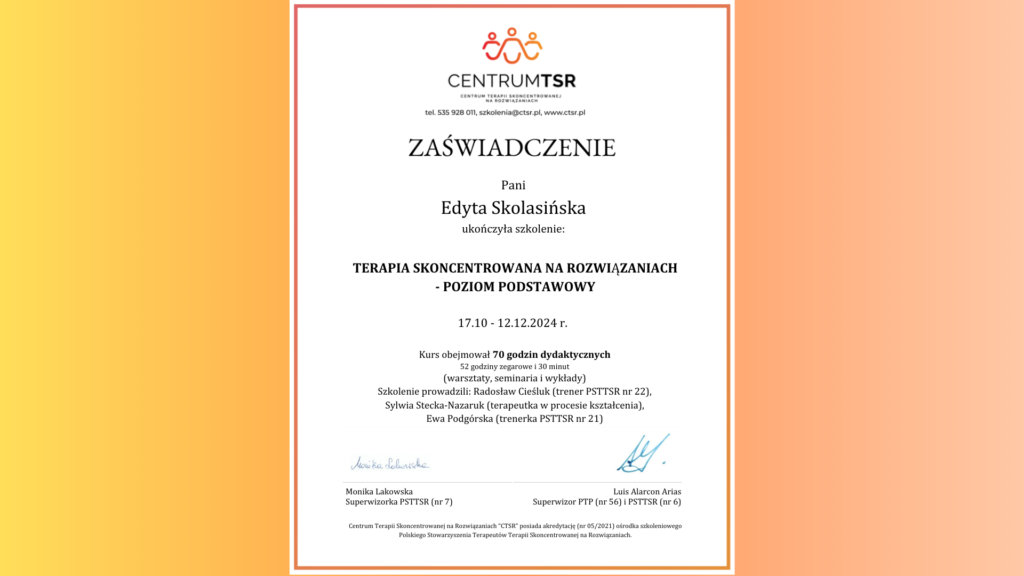 terapia skoncentrowana na rozwiązaniach, tsr, dyplom, szkolenie, zaświadczenie, terapia