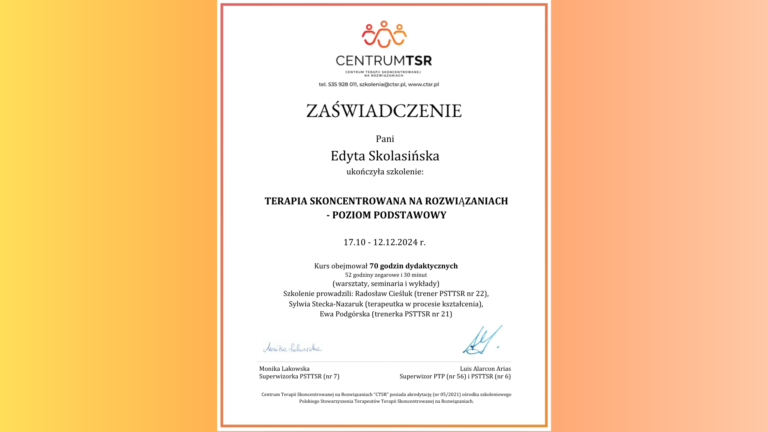 terapia skoncentrowana na rozwiązaniach, tsr, dyplom, szkolenie, zaświadczenie, terapia
